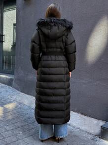 SHEIN Cottnline A Line Hem Long Fashionable Padded Coat - Black - View 3