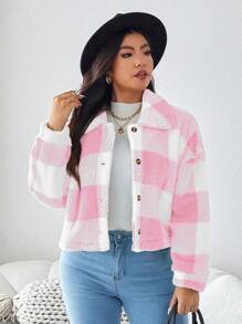 SHEIN LUNE Winter Plus Size Groen Geruit Fleece Jack Winter Dameskleding Valentijnsdag Vakantie Outfit