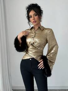 Chiquease Women's French Romantic Cross Tied Golden Sequin Design Flare Sleeve Feather Decor Blouse For New Year Holiday Party Clothes Women Shirt - Gold - View 7