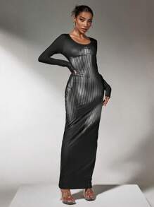 SHEIN SXY Wide Crew Neck Long Sleeve Form Fitting Holiday Glossy Banquet Dinner Elegant Gorgeous Women Long Dress