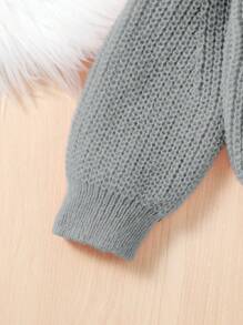 SHEIN Jonge meisjes en jonge meisjes vesten in beige, wit, lichtgeel, abrikoos, comfortabel en warm met creatief oorhaakpatroon, eenvoudig en veelzijdig, lantaarnmouw, V-hals, geribbelde manchetten, modieus en nieuwe stijl, geschikt voor alle seizoenen, mooi en elegant, perfect voor buiten, school en dagelijks gebruik, lichtgewicht en comfortabel gebreid trui-jack - Grijs - Bekijken 6