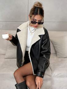 SHEIN Privé 1 pezzo Giacca in pelliccia sintetica con maniche lunghe per donna - nero - Visualizzare 4