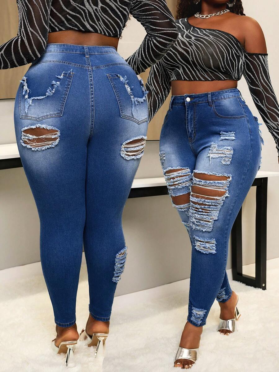 SHEIN SXY Plus Size Stretchy Distressed Skinny Jeans - Blue - View 1