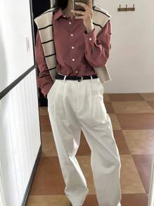 DAZY 1pc Women's Loose Fit Solid Color Letter Embroidered Turndown Collar Long Sleeve Shirt,Fall Women Clothes