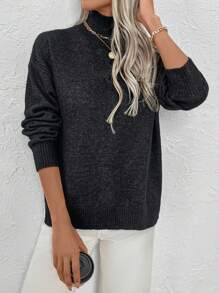 Calvaya Plus Size Solid Color Turtleneck Casual Long Sleeve Pullover Sweater, For Winter Knit Pullover Fall - Black and White - View 4