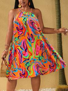 Maweii Jennifer_samantha_style Plus Size All-Over Print Halter Neck Sleeveless Casual Vacation Dress, Summer, For Apple Rounded Body Shape