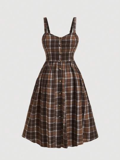 SHEIN MOD Plus Size Rutigt Linne & Mellanlängd Rutigt Sundress Set