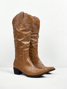 Styleloop Women's Pointed Toe Fashion Versatile Embroidered Western Boots, BOHO Style, American Retro Bohemian Western Music Festival Party Christmas Halloween Outfit - Brown - View 4