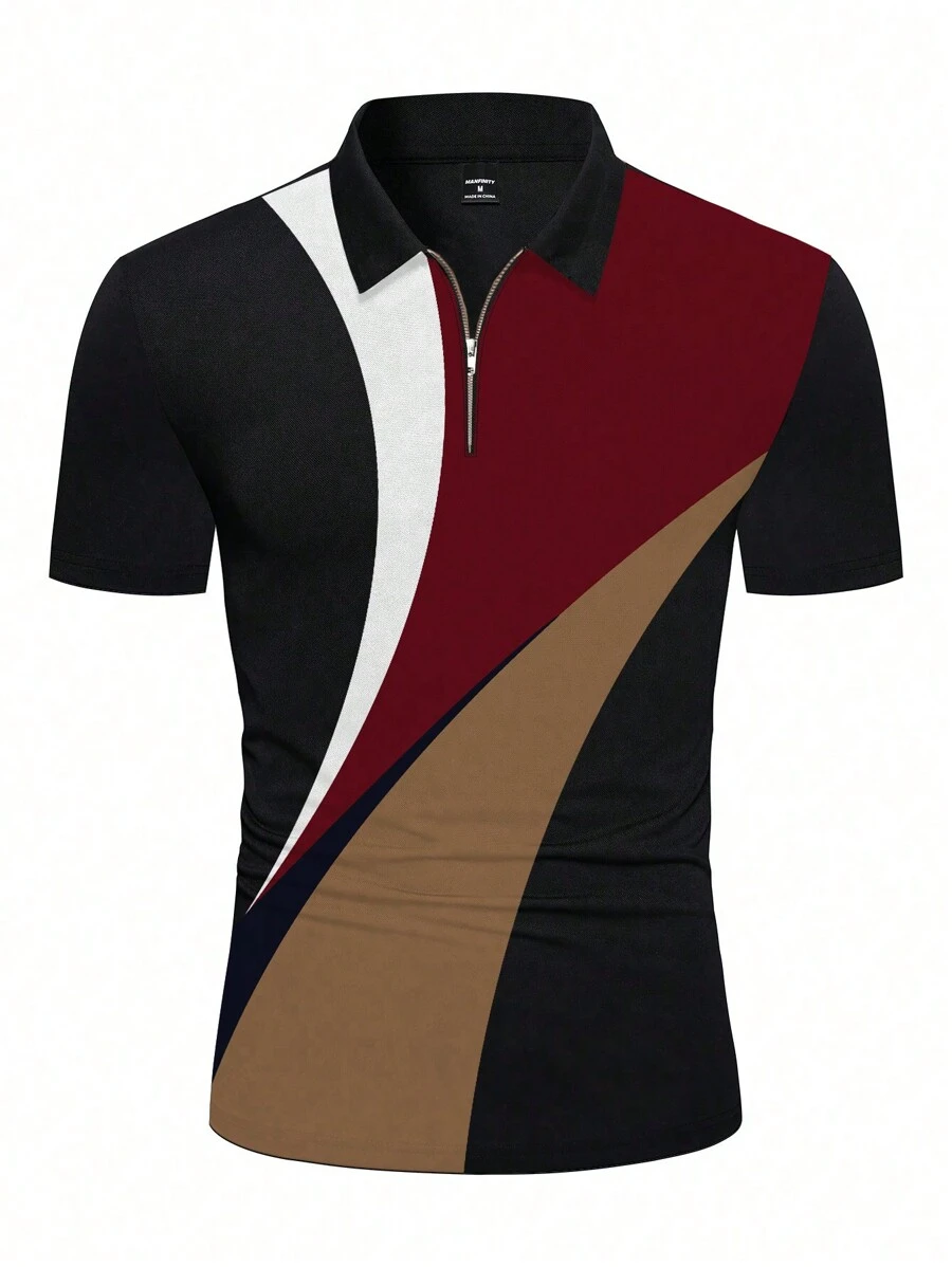 Manfinity Homme 男士休闲拼色短袖 Polo 衫，适合工作、夏季 - 彩色 - 查看 1