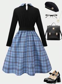 Váy dài tay kẻ caro cổ điển cho bé gái tuổi teen, thích hợp cho các buổi đi chơi hàng ngày, tụ tập và mặc đi chơi, mùa thu/đông - Màu xanh lam - Xem 2