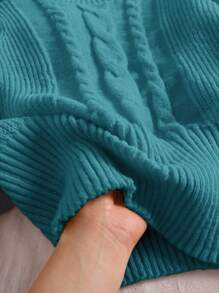 SHEIN Frenchy 大码优雅学院风基本款圆领长灯笼袖锦缎粗针织套头衫，黄色，适合冬季 - 水鴨藍 - 查看 7