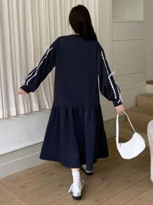 DAZY 1 件女式纯色拼接蝴蝶结装饰休闲中长连衣裙秋冬 - 藏蓝色 - 查看 7