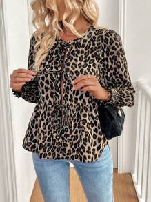 SHEIN PETITE Petite Women's Spring/Autumn Front Tie Design Leopard Print Long Sleeve Blouse Peplum Top - Khaki - View 6