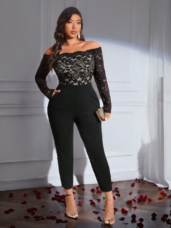 SHEIN Frenchy Elegant Lace Off-Shoulder Jumpsuit With Pockets, Party Wear, Plus Size