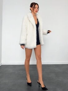 Aloruh 1pc Women Solid Color Open Front Long Sleeve Fluffy Jacket, Autumn/Winter