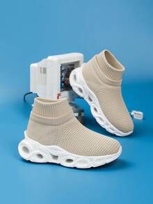 青少年春秋季一脚蹬运动鞋，轻便透气纯色，弹性鞋面易穿，镂空弹性鞋底，缓冲舒适，适合日常、旅行、校园穿着 - 卡其色 - 查看 4