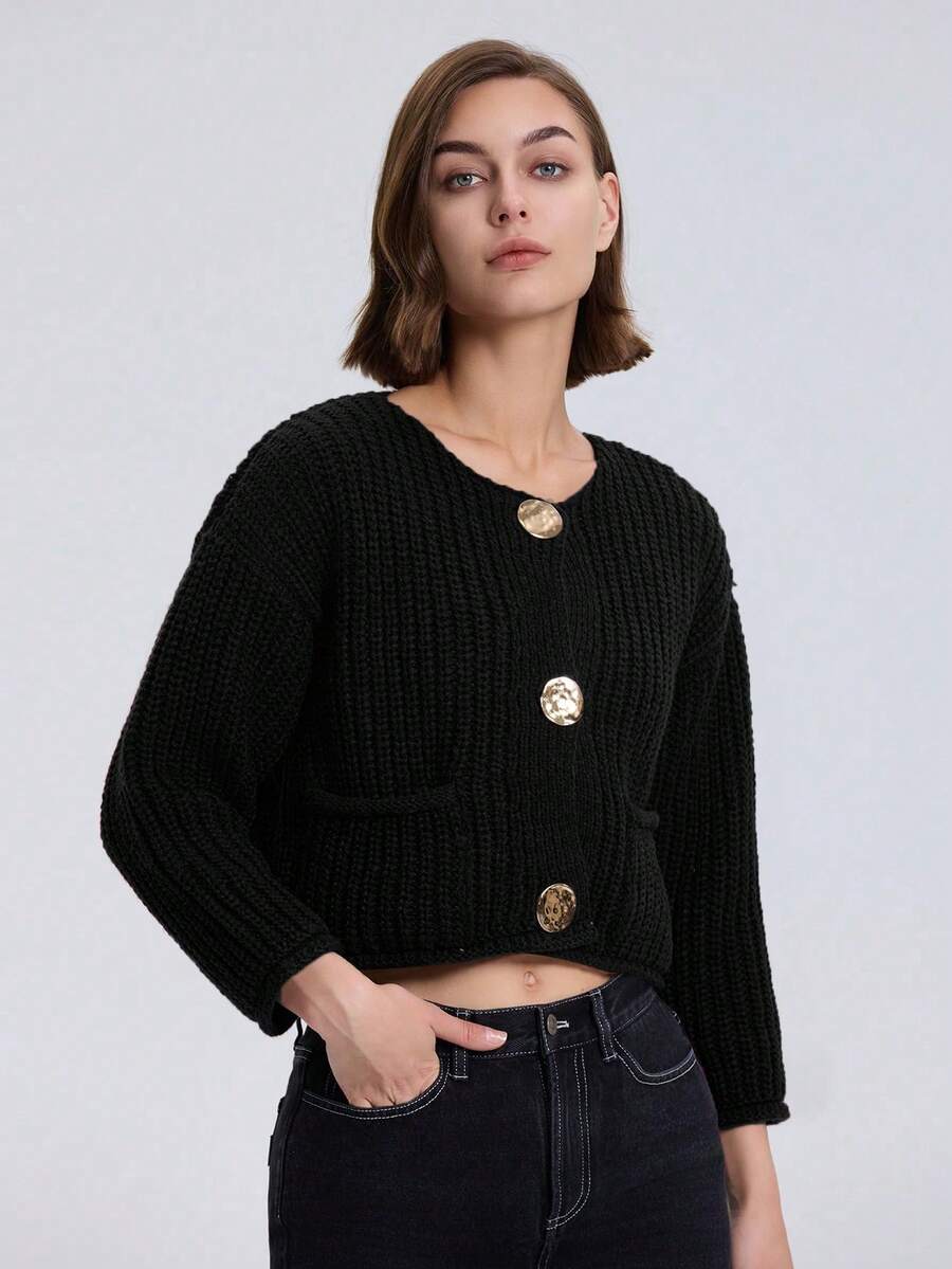 Chunky Knit Solid Color Button-Up Round Neck Elegant Long Sleeve Cardigan - Black - View 1