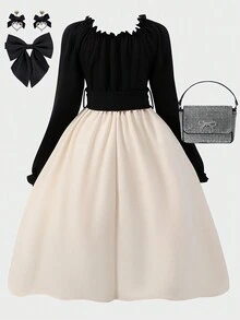 SHEIN 青少年女孩优雅荷叶边下摆长袖连衣裙配腰带，适合日常、节日派对、舞会、假日、夏季、旅行 - 黑色 - 查看 2