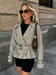 Forever 21 Women's Solid Color Double-Breasted Belted Long Sleeve Trench Coat - Green - View 6