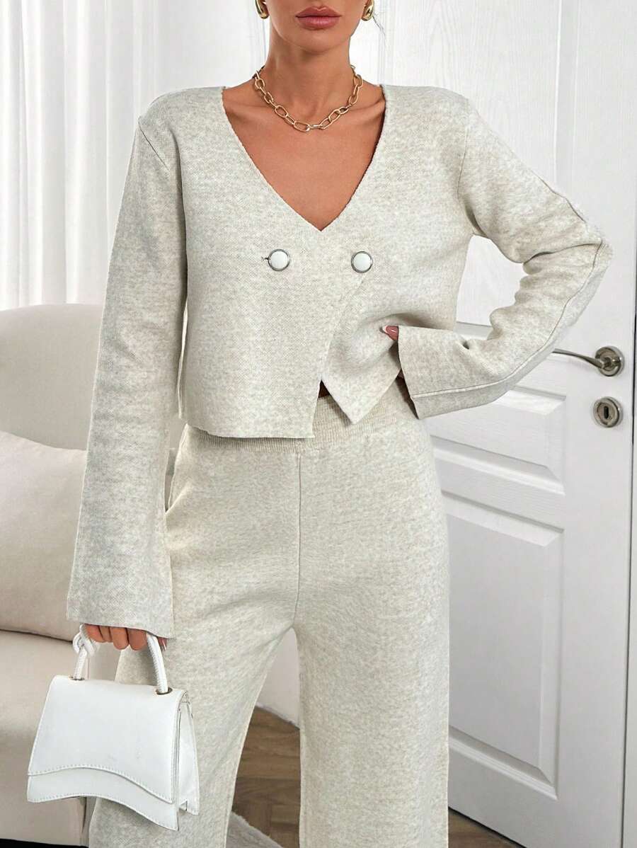 SHEIN 2pcs/Set V-Neck Casual Buttoned Cardigan And Pants - Beige - View 1