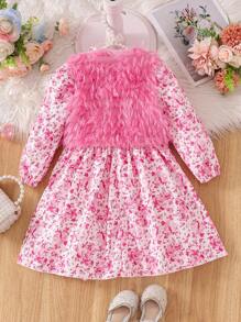 SHEIN 2pcs Set: Ditsy Floral Dress And Furry Vest For Young Girls - Pink - View 2