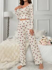 CottageSlumber Cherry Print Ruffle Collar Long Sleeve Pajama Set Cozy And Elegant Details, Fall Winter Clothes - Apricot - View 4