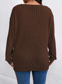 SHEIN LUNE Plus Size Women's Solid Color V-Neck Drop Shoulder Long Sleeve Ribbed Casual Hoodie, Autumn Pullover Fall Outfit - Coffee Brown - View 2