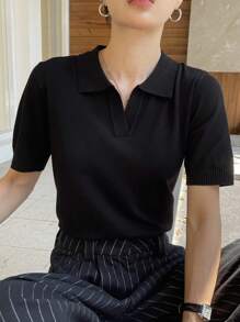 DAZY Women's Casual Solid Color Minimalist Short Sleeve Knitted Top For Summer & Autumn - Black - View 4