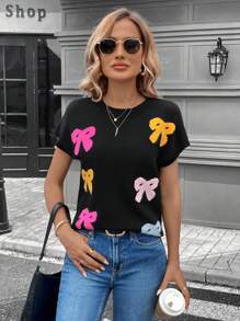 SHEIN LUNE Colorful Bow Decoration Casual French Street Women Knitted Sweater, Autumn - Black - View 6