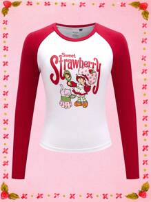Strawberry Shortcake X SHEIN 女士撞色印花圆领插肩长袖 T 恤 - 白色 - 查看 6