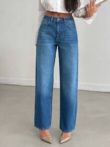 EURMUSE Women's Solid Color High Waist Straight Leg Blue Jeans With Pockets - Medium Wash - View 1