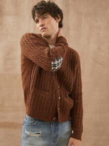 Manfinity CityGents Suéter tipo cardigan de hombre con parches de tejido de cable en los codos - Camel - Ver 3