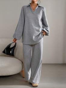 SHEIN Essnce 2pcs Women Fall Sets Women's Casual Solid Color Textured V Neck Long Sleeve Top And Straight Wide-Leg Pants Elastic Waist Pants Women Pants Set Winter Women Sets Outfit Sets Fall Two Pieces Sets Airport Women Outfits - Grey - View 6
