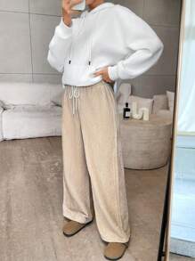 SHEIN Privé 女士纯色系腰直腿宽松休闲裤 - 卡其色 - 查看 4