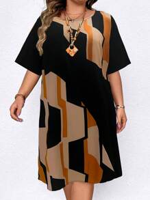 EMERY ROSE Plus Size Women Geometric Print Round Neck Short Sleeve Loose Straight Casual Dress, For Summer - Black - View 1