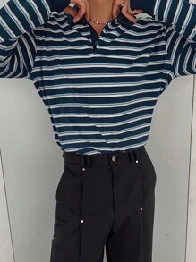 DAZY Men's Casual Striped Polo Shirt, Autumn - Blue and White - View 9