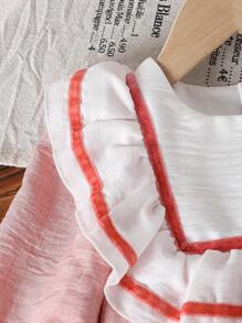 Babygirl Autumn Pink Casual Chic Ribbed Fabric Collar Ribbon Splice White Ruffle Hem Loose Comfortable Big Swing Outdoor Dress - Multicolor - View 5