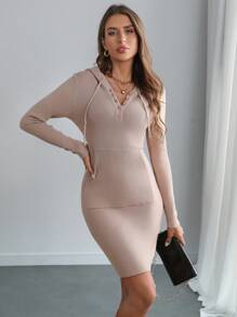 SHEIN Privé 女士圆领抽绳荷叶边长袖针织毛衣连衣裙 - 杏色 - 查看 5