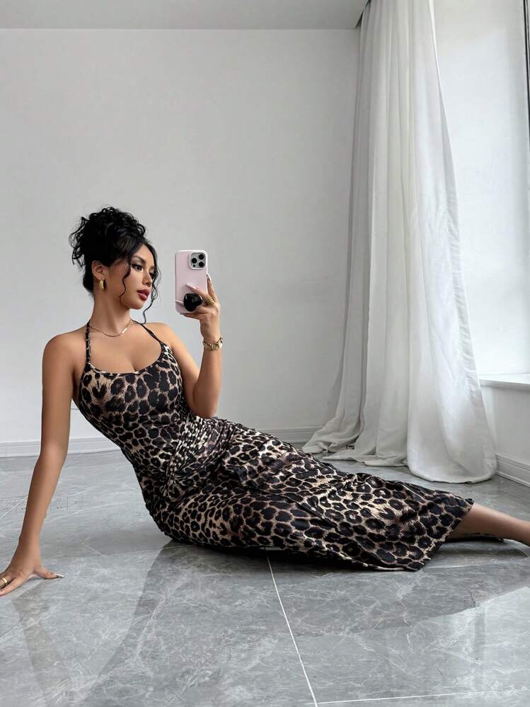 Firerie Women's Leopard Print Spaghetti Strap Long Dresses,Twisted Design,Stretch Fabric,Summer Long Dresses,Suitable For Daily, Commuting, Holiday, Party, Dating - Multicolor - View 5