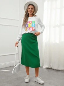 Wildy 2pcs Women Print Sweatshirt & Fitted Green Midi Skirt Set