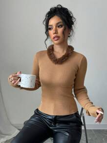 Chiquease Jersey de cuello en V de manga larga con detalle de empalmado esponjoso acanalado