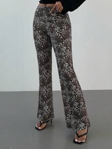 Aloruh 女士豹纹休闲裤，简约设计，适合日常穿着，感恩节性感秋季嬉皮士万圣节装扮，豹纹裤秋季款 - 卡其色 - 查看 4