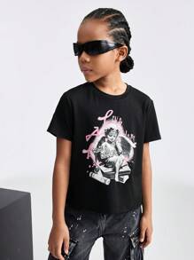 SHEIN Áo thun cổ tròn tay ngắn in chữ cho bé gái tuổi mới lớn - màu đen - Xem 4