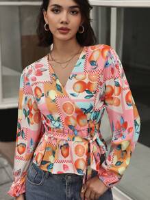 SHEIN BAE Women's Spring & Summer Fruit Print Tie-Waist Ruffle Hem Elegant Blouse Fall Cloth For Women - Multicolor - View 5