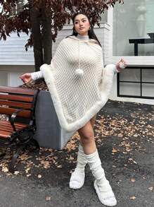 Celure Popular Bestselling Plus Size Women Elegant Warm Element Fuzzy Soft Warm Asymmetrical Hem Hooded Sweater Cape With Handmade Fringe/Pom Pom Accent