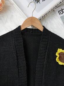 Tween Girl Warm & Cozy Sunflower Pattern Black Cardigan Thick Knit Sweater Jacket For Winter - Black - View 3