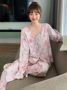 DAZY Pyjamaset met bloemenprint, ruches, strik aan de voorkant en strik aan de mouwen