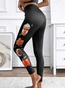 SHEIN LUNE Leggings informales con estampado de calabaza para mujer para Halloween - Negro - Ver 3