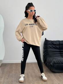 SHEIN Setelan Kasual 2 Potong untuk Remaja Perempuan: Sweatshirt Kerah Bulat dan Legging dengan Motif Huruf Warna Polos - Khaki - View 4