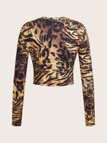 SHEIN Essnce 4pcs Fashionable Leopard Print Casual Round Neck Long Sleeve Slim Fit Women's Basic T-Shirt Women's Round Neck Long Sleeve Fitted All-Match T-Shirt Cropped Tight Fit T-Shirts, Spring & Autumn